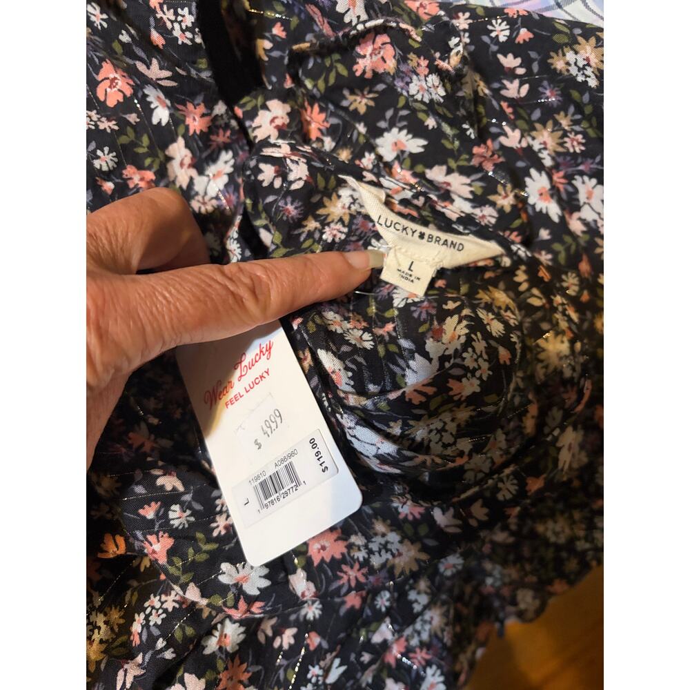Lucky Brand Printed Flouncey Mini Dress 3/4 Sleeved Black Floral NWT Size L - Picture 10 of 10